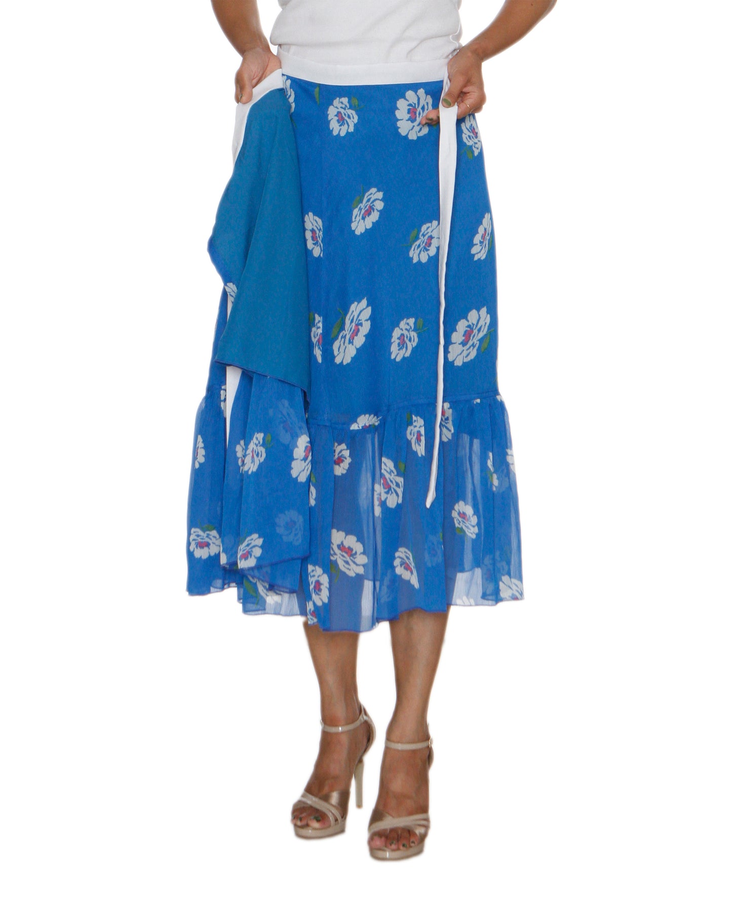 Blue Chiffon Ruffled Floral Print Wrap Skirt Free Size WA000212