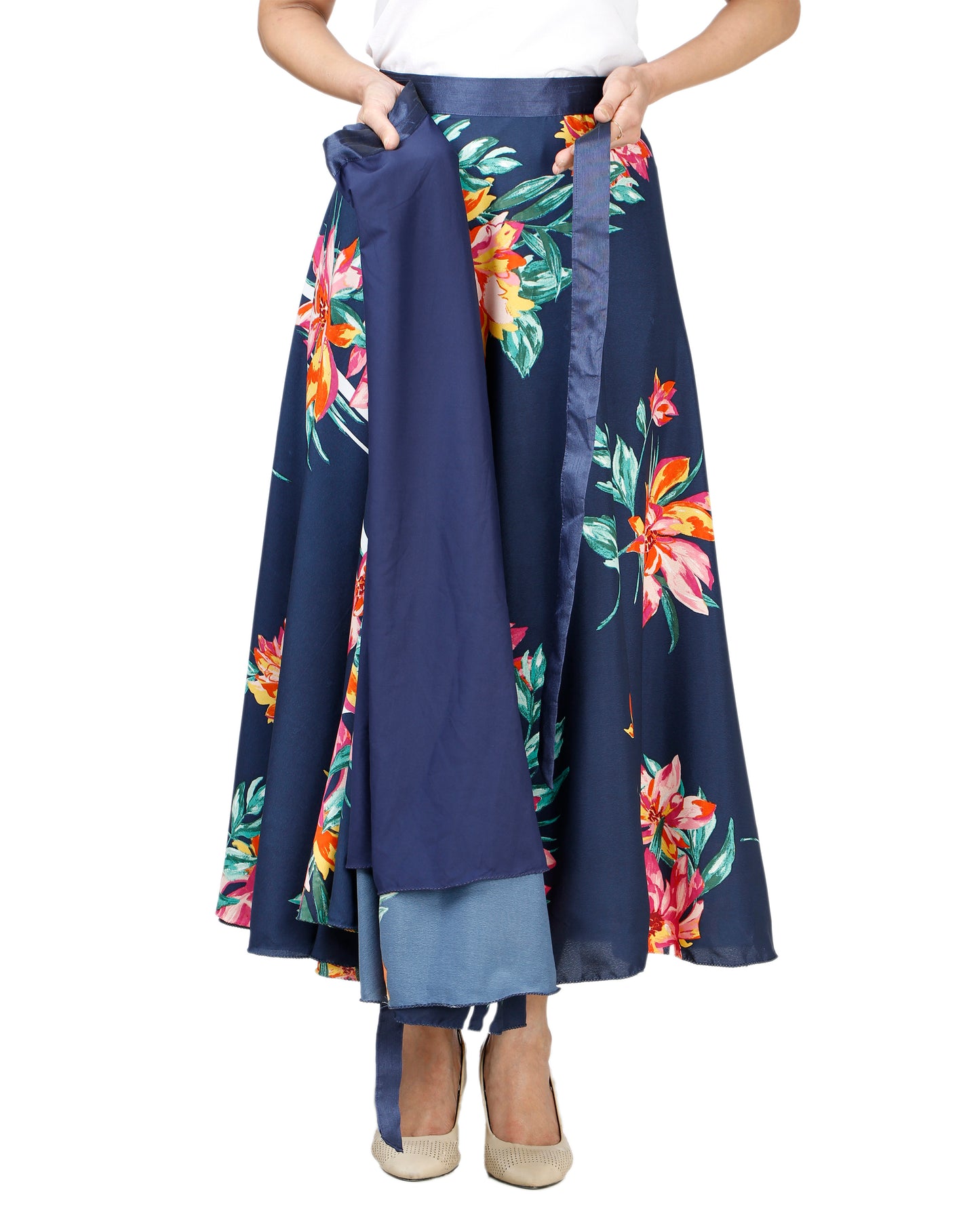 Blue Crepe Floral Wrap Skirt Free Size WA000132