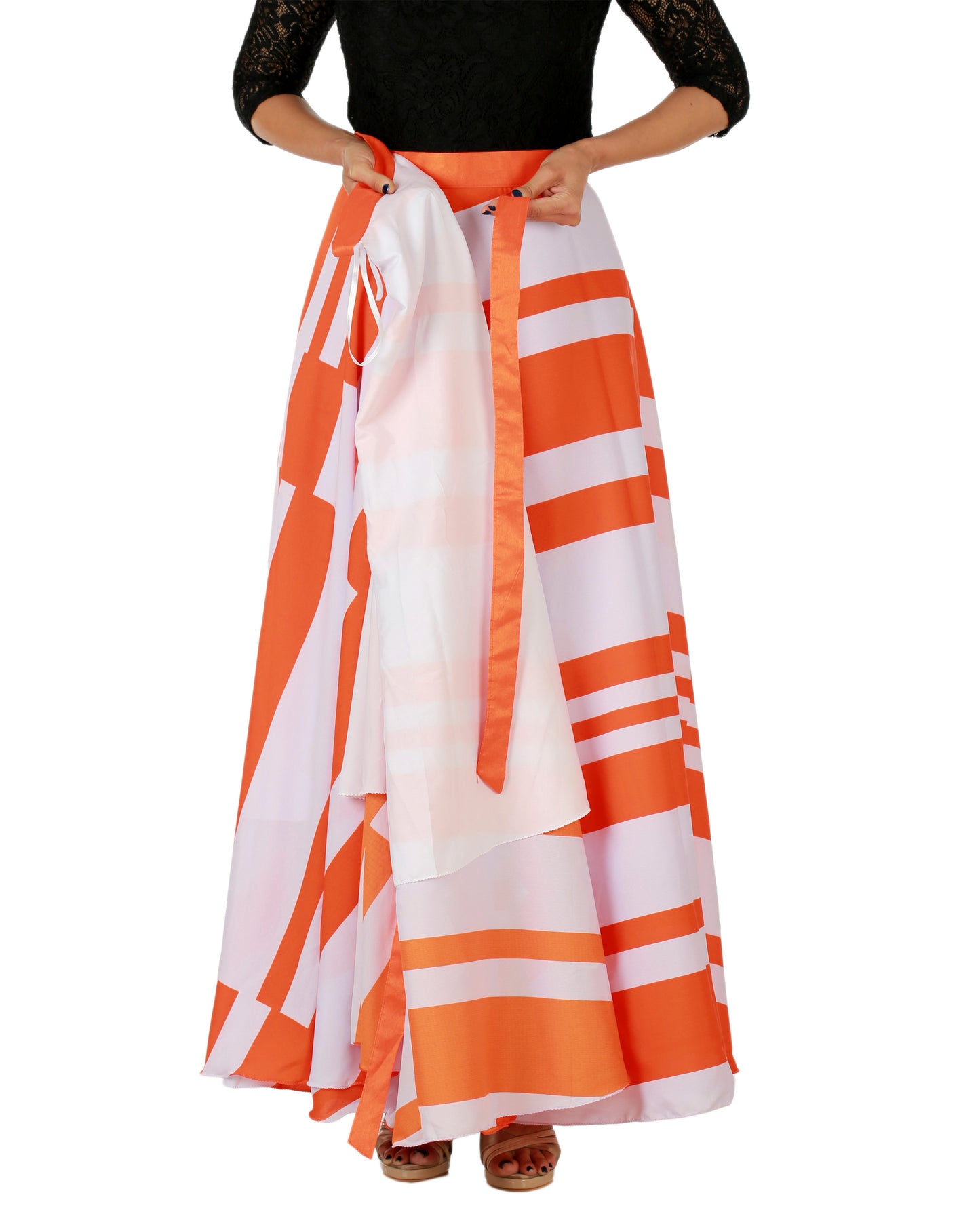 Orange Striped Maxi Wrap Skirt Free Size WA000147