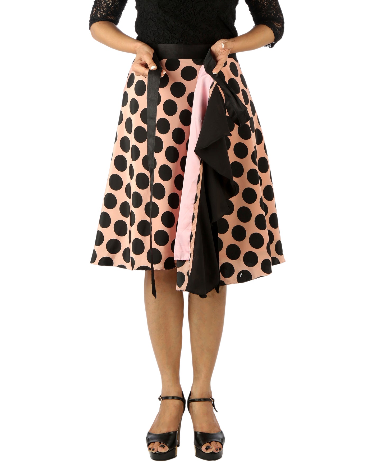 Polka Print Ruffle Wrap Skirt Free Size WA000181