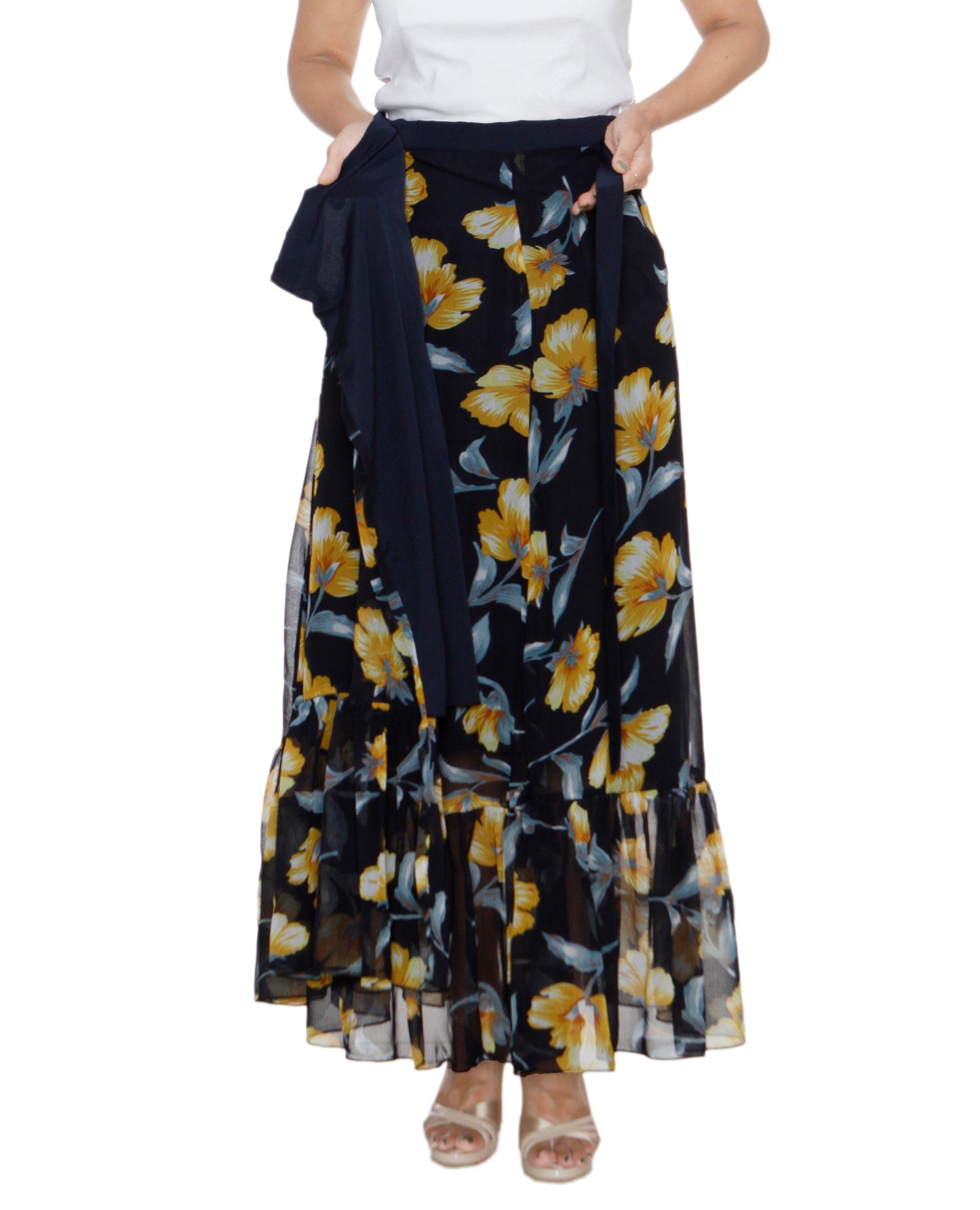 Dark Blue Floral Print Georgette Ruffle Wrap Skirt Free Size WA000207