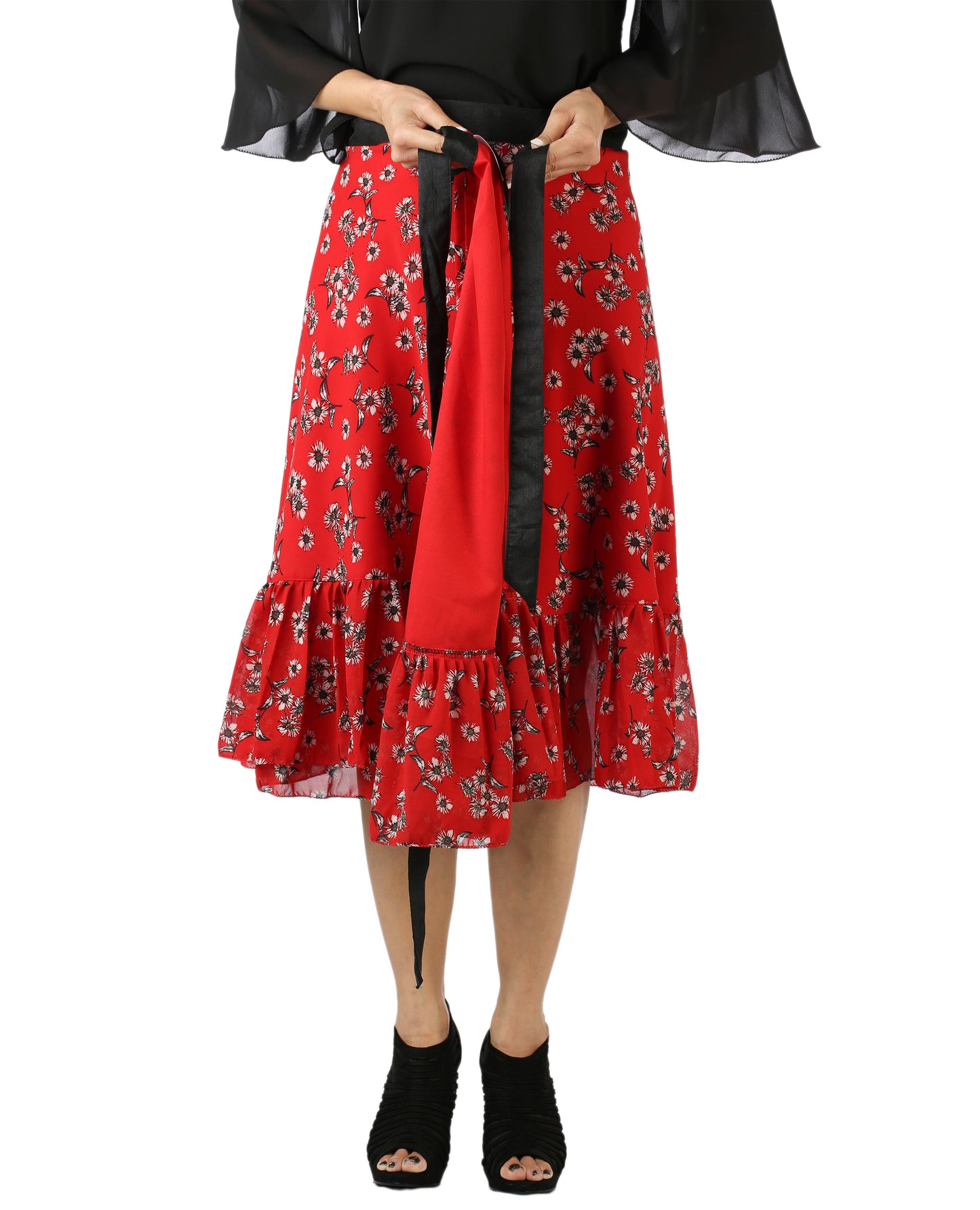 Floral Red Ruffle Wrap Skirt Free Size WA000144