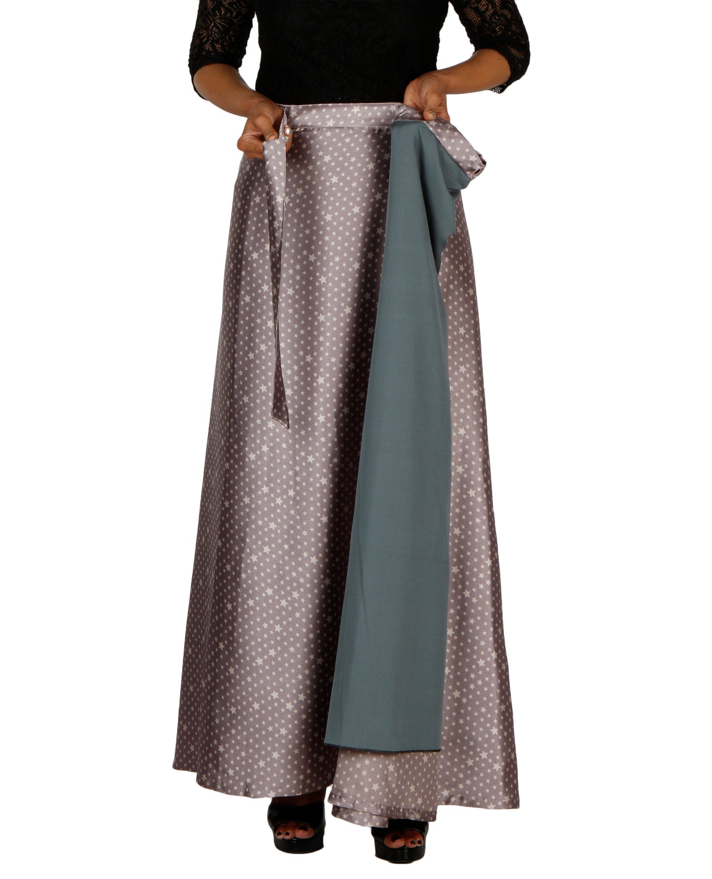 Grey Satin Printed A-Line Wrap Skirt Free Size WA000204