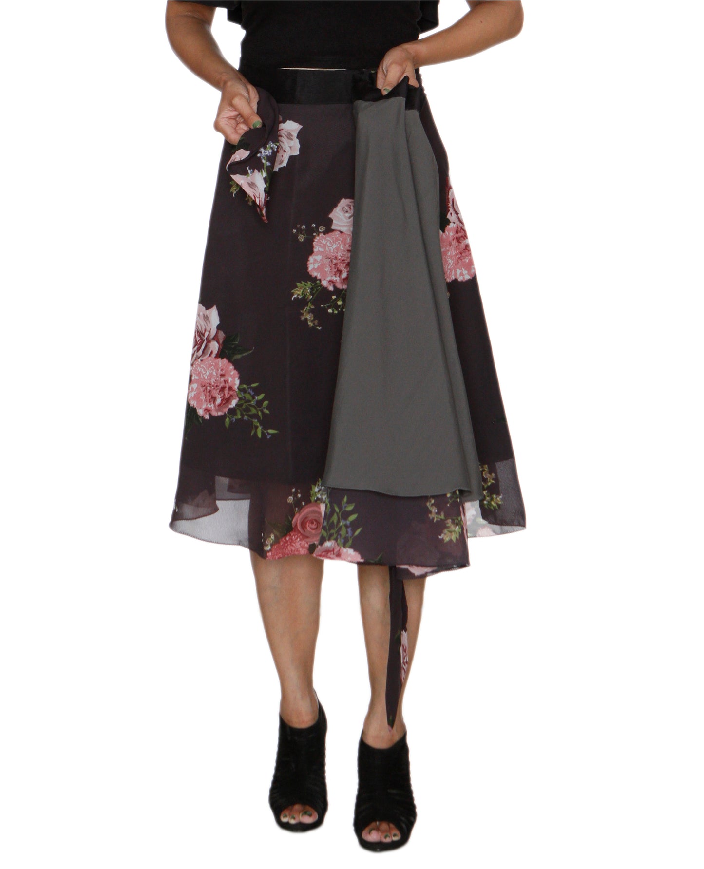 Rose Print Grey Wrap Skirt Free Size WA000210