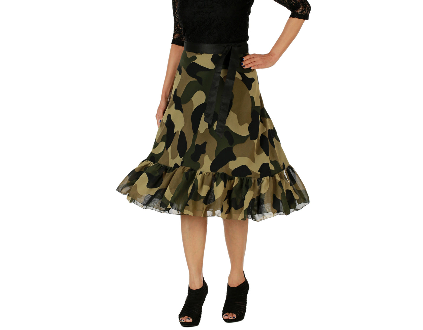 Military Print Ruffle Wrap Skirt Free Size WA000155