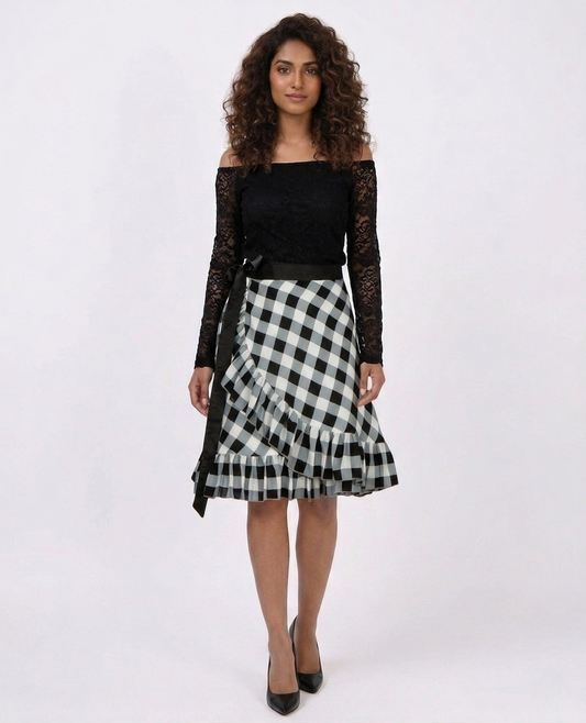 Black and White Checkered Printed Ruffle Wrap Skirt Free Size WA000196