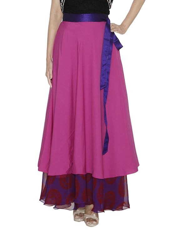 Front view - Pink Georgette Crepe Layered Maxi Wrap Skirt Free Size WA000205