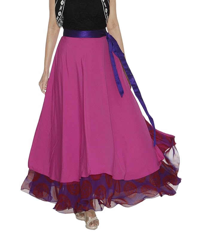 Pink and purple georgette crepe layered free size wrap maxi skirt  on a white background WA000205