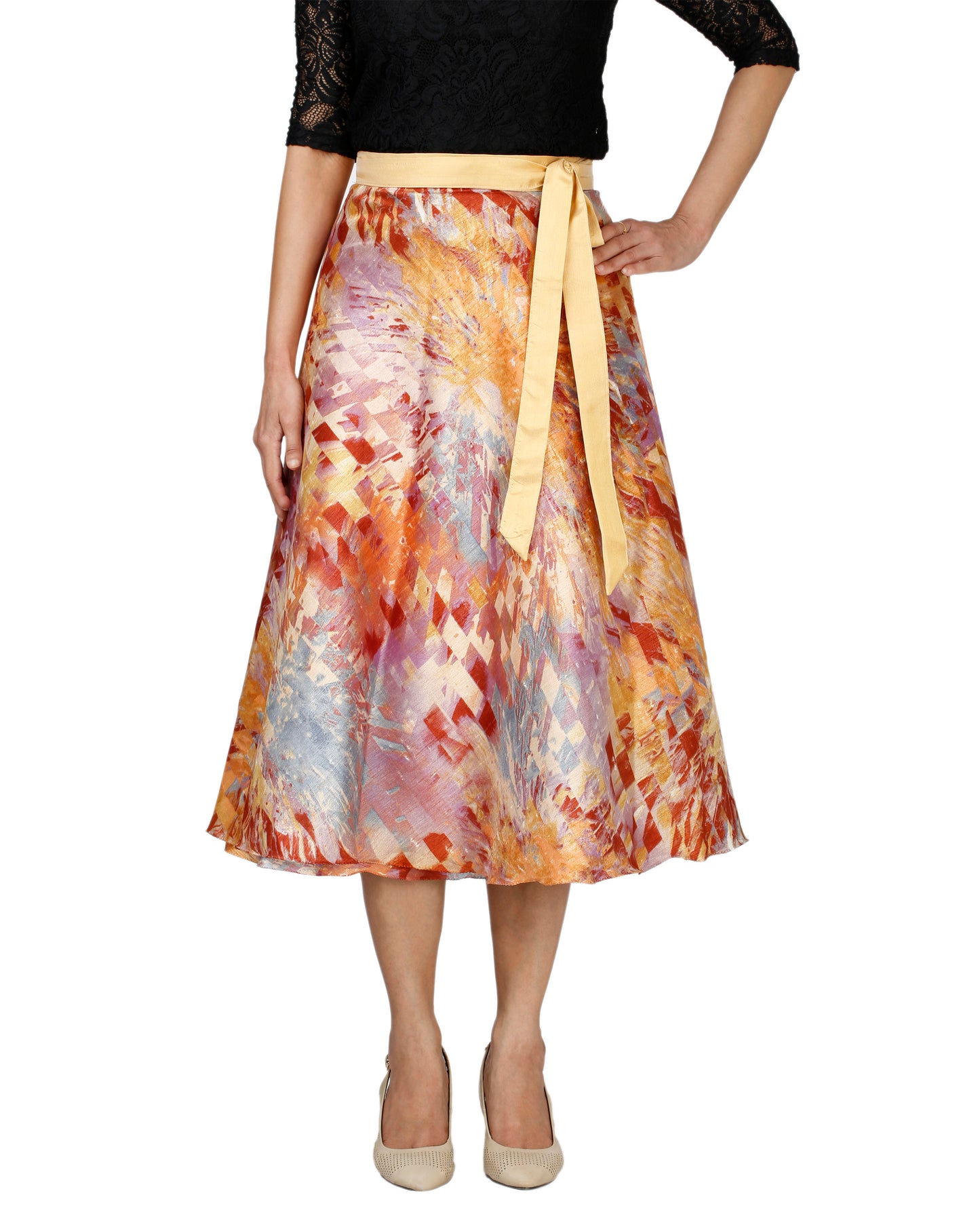 Woman wearing a colorful bangalore silk free size wrap skirt on a white background WA000118