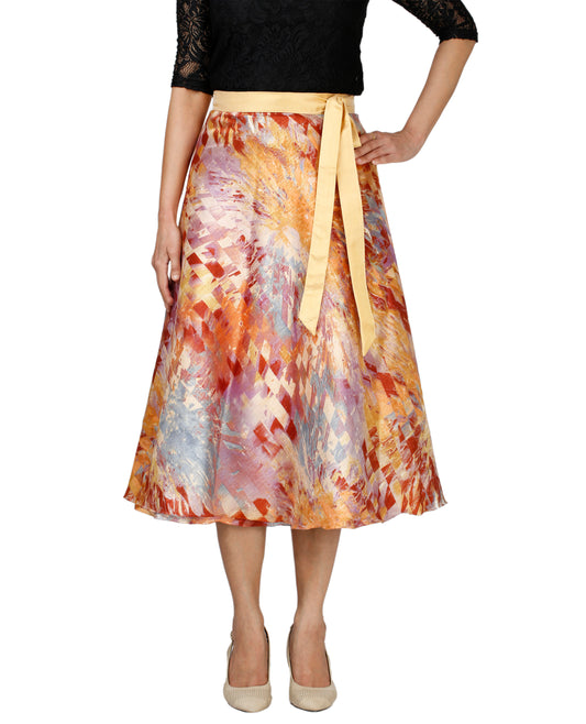 Woman wearing a colorful bangalore silk free size wrap skirt on a white background WA000118