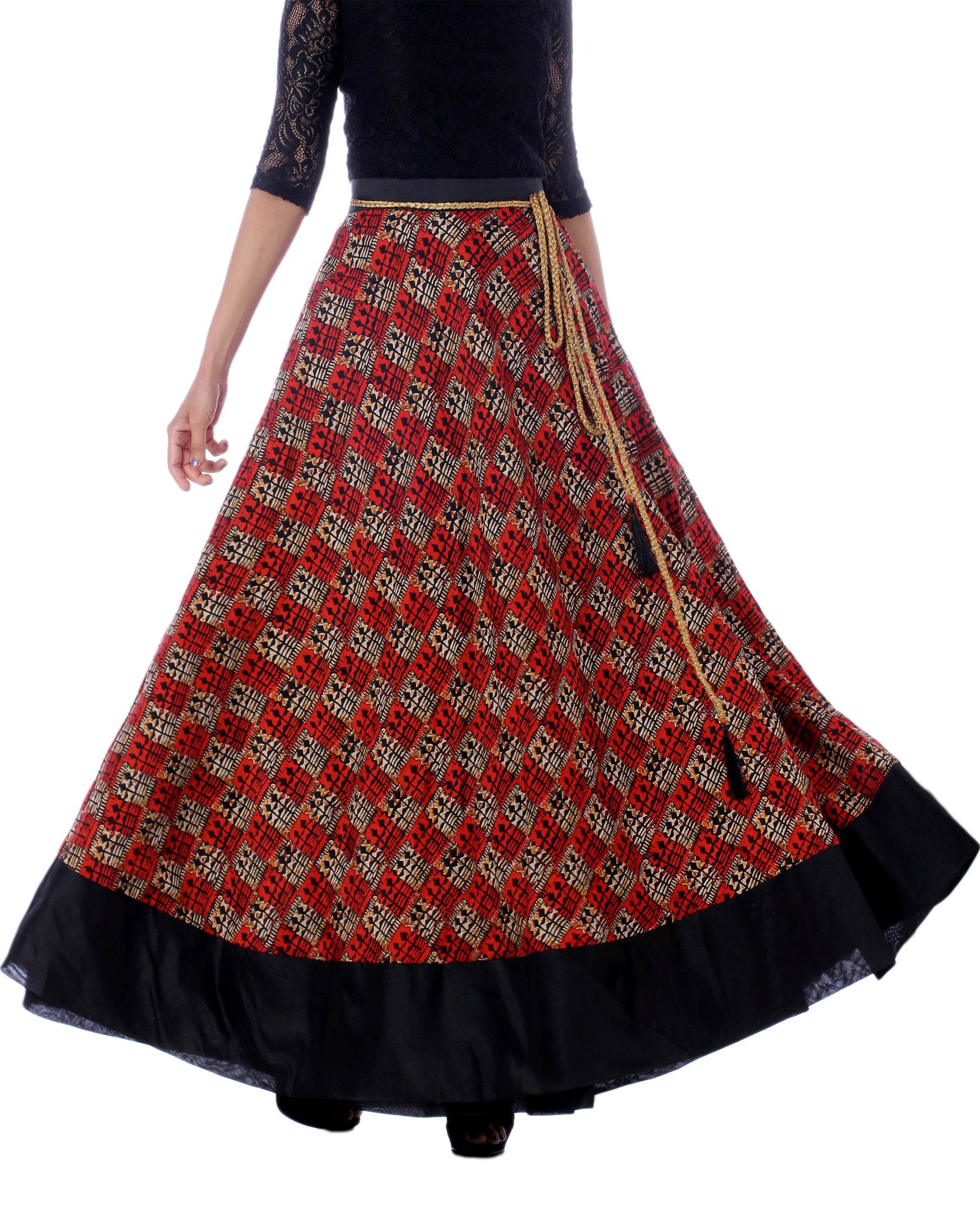 Red Checkered free size wrap skirt with black bottom and golden dori belt on a white background WA000179