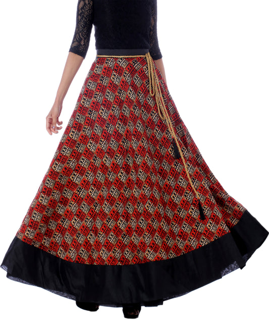 Red Checkered free size wrap skirt with black bottom and golden dori belt on a white background WA000179