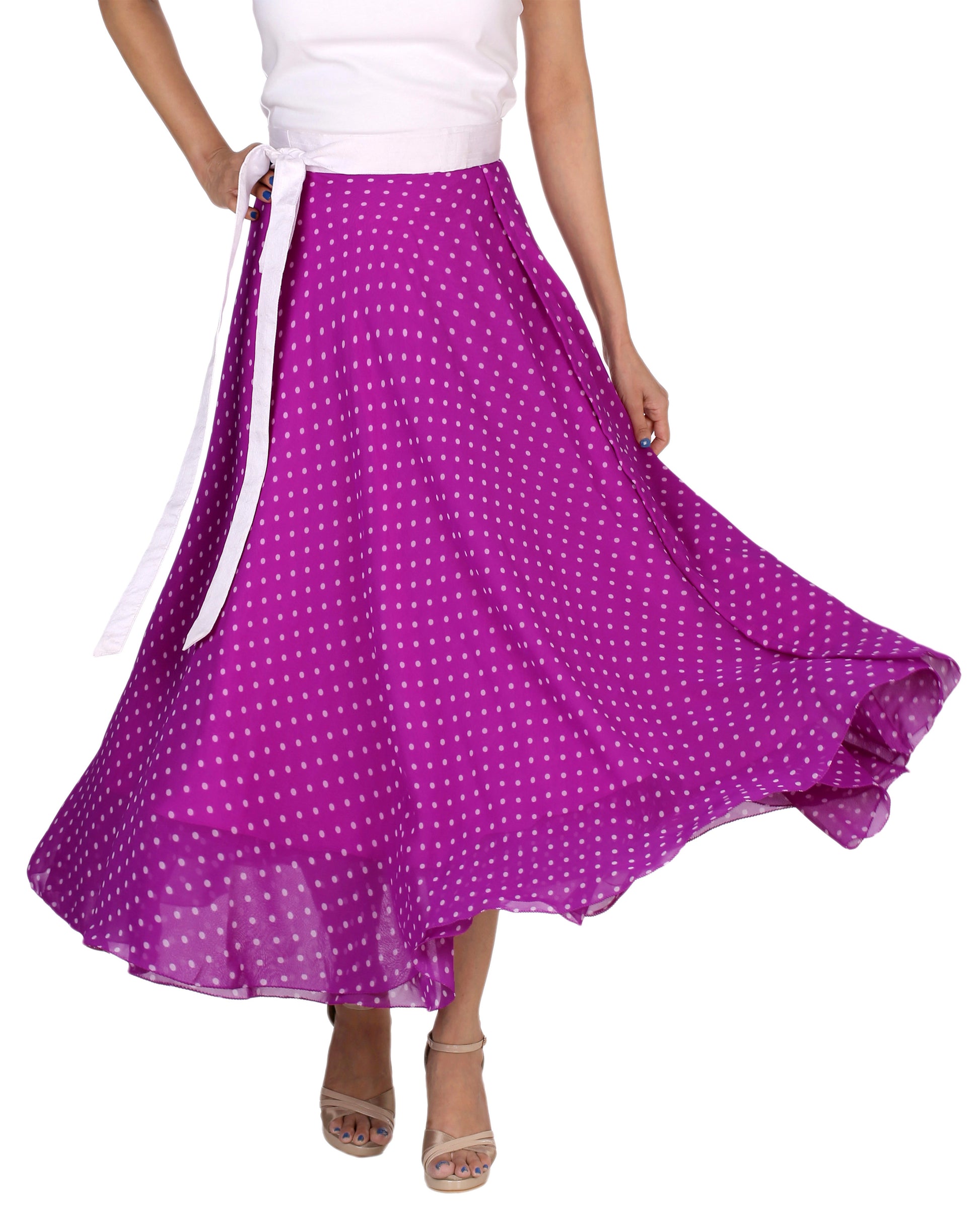 Purple polka dot free size wrap skirt with a white belt worn by a person on a white background WA000165