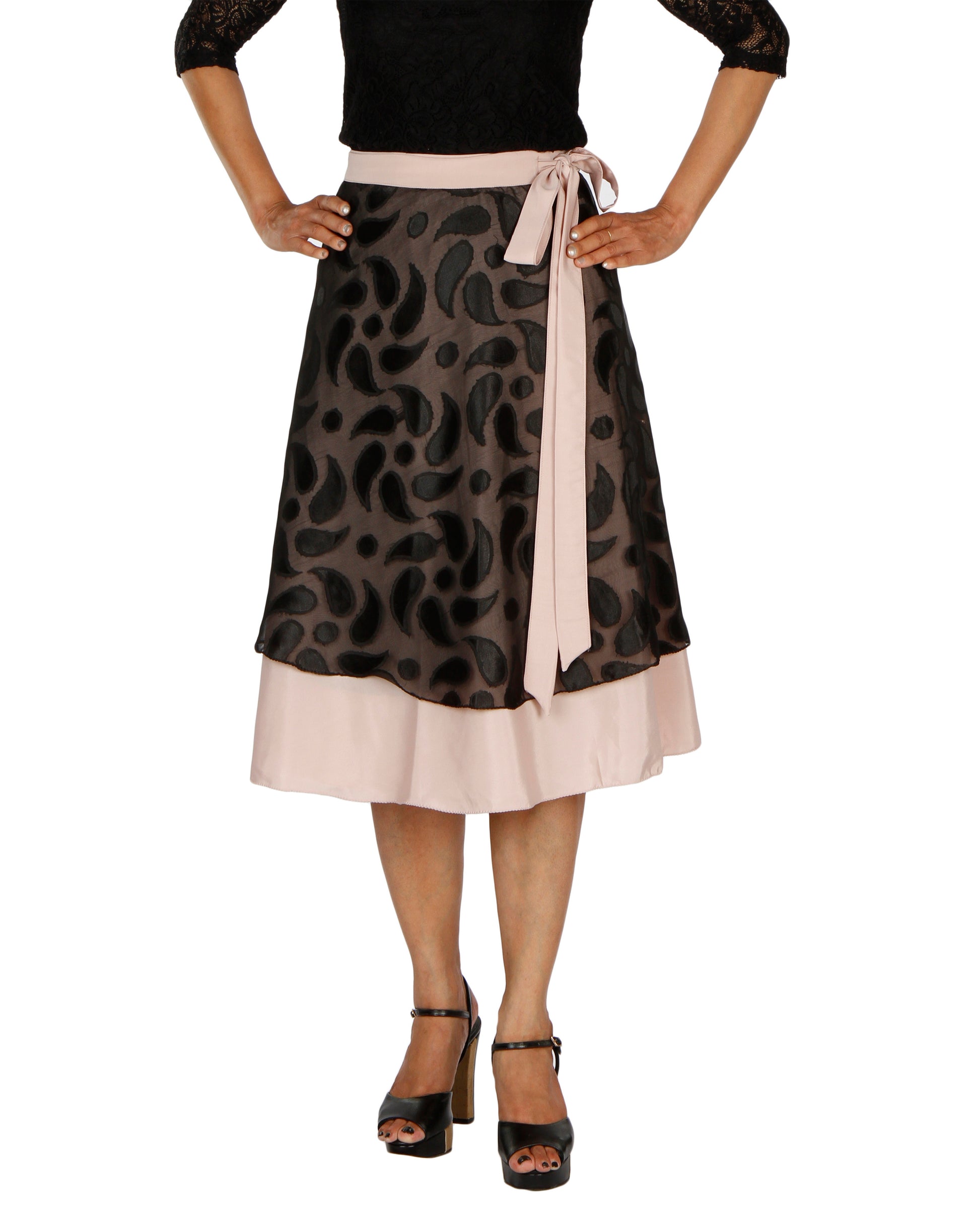 Black brasso layered free size wrap skirt worn by a person on a white background WA000199