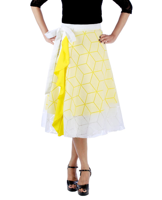 Woman wearing a white geometric pattern brasso cotton wrap skirt  with yellow lining WA000193