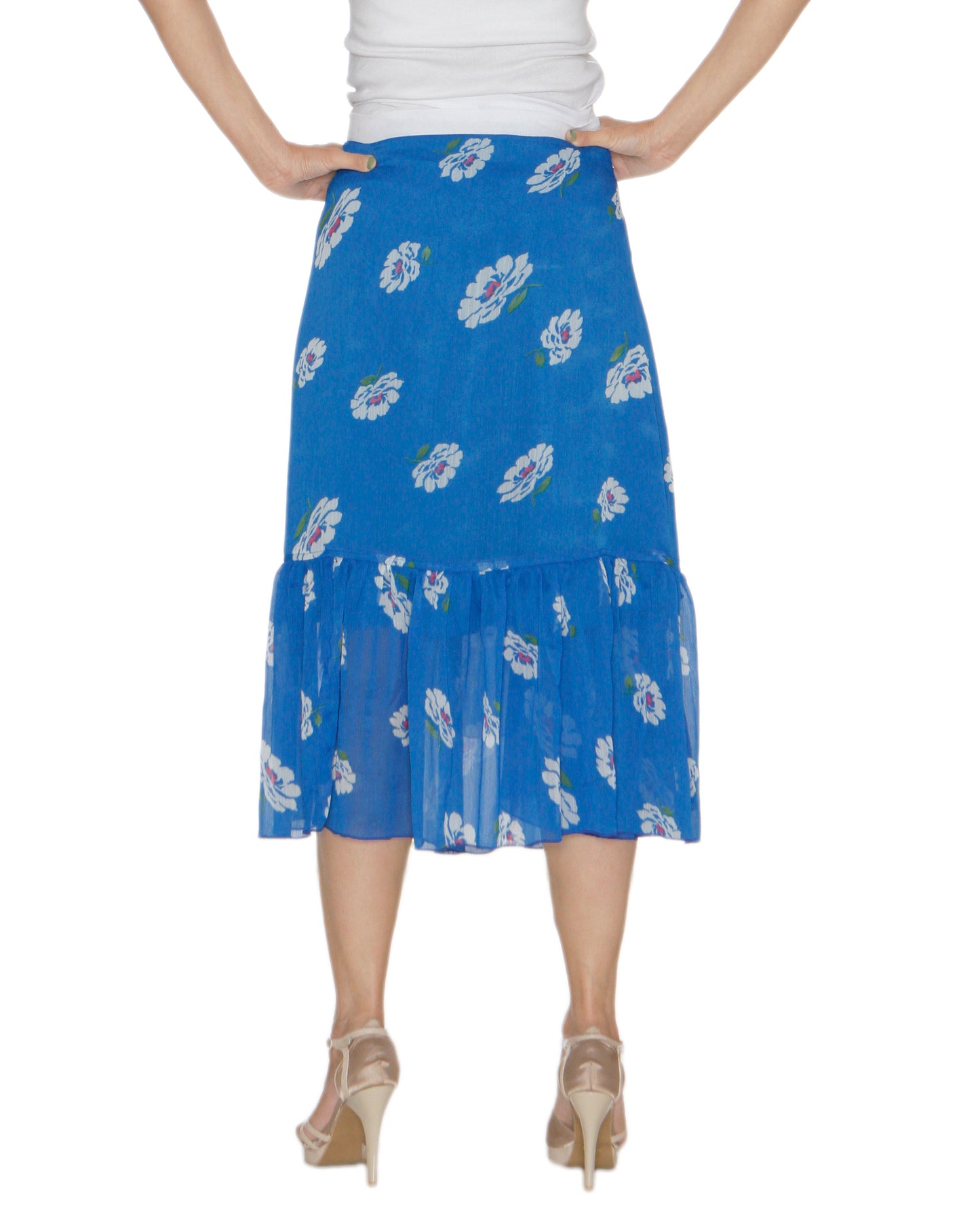 Blue Chiffon Ruffled Floral Print Wrap Skirt Free Size WA000212