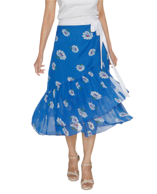 Blue floral chiffon wrap skirt worn by a person on a white background is a Free Size skirt WA000212