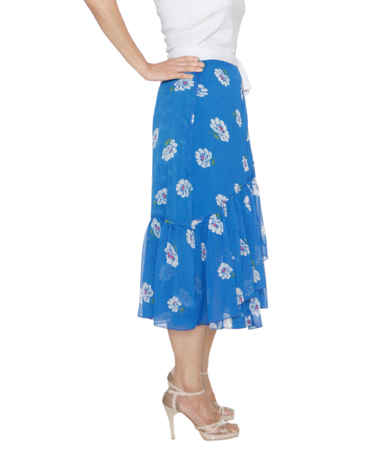 Blue Chiffon Ruffled Floral Print Wrap Skirt Free Size WA000212