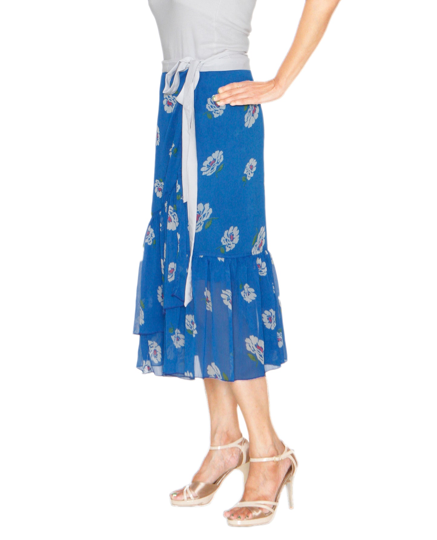 Blue Chiffon Ruffled Floral Print Wrap Skirt Free Size WA000212