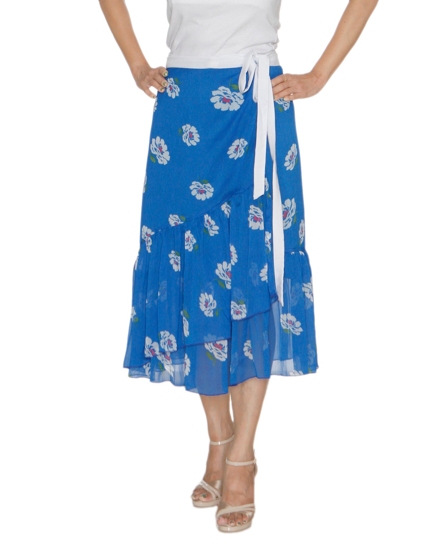 Front View - Blue Chiffon Ruffled Floral Print Wrap Skirt Free Size WA000212