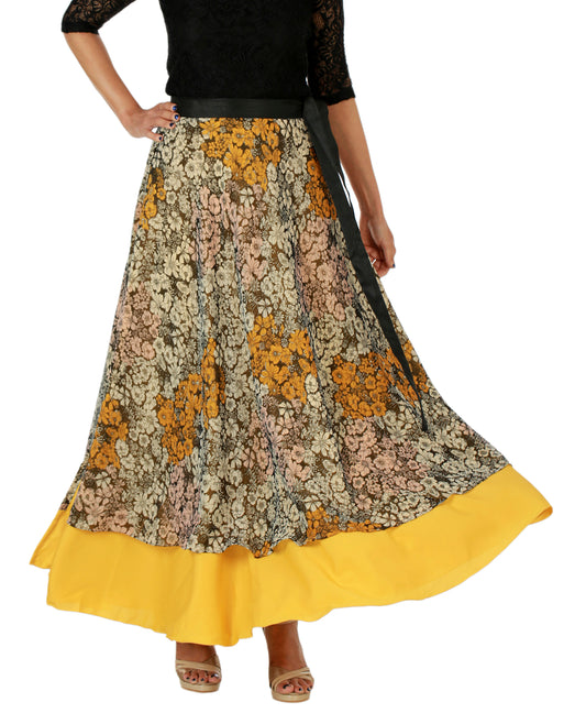 Woman wearing a floral free size wrap skirt with a layered yellow bottom section on a white background WA000151