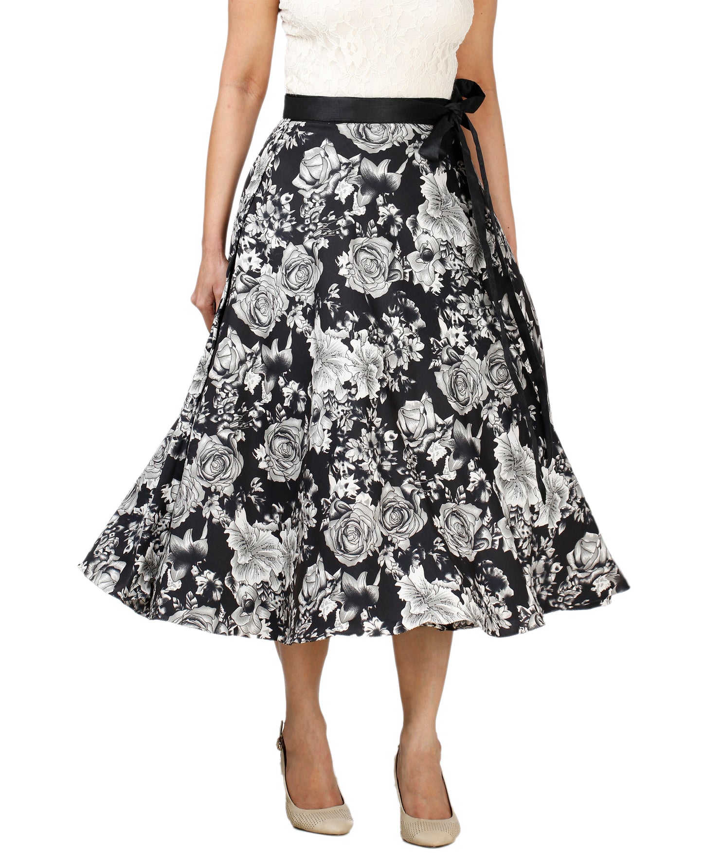 Black crepe floral free size wrap skirt worn by a person on a white background WA000128