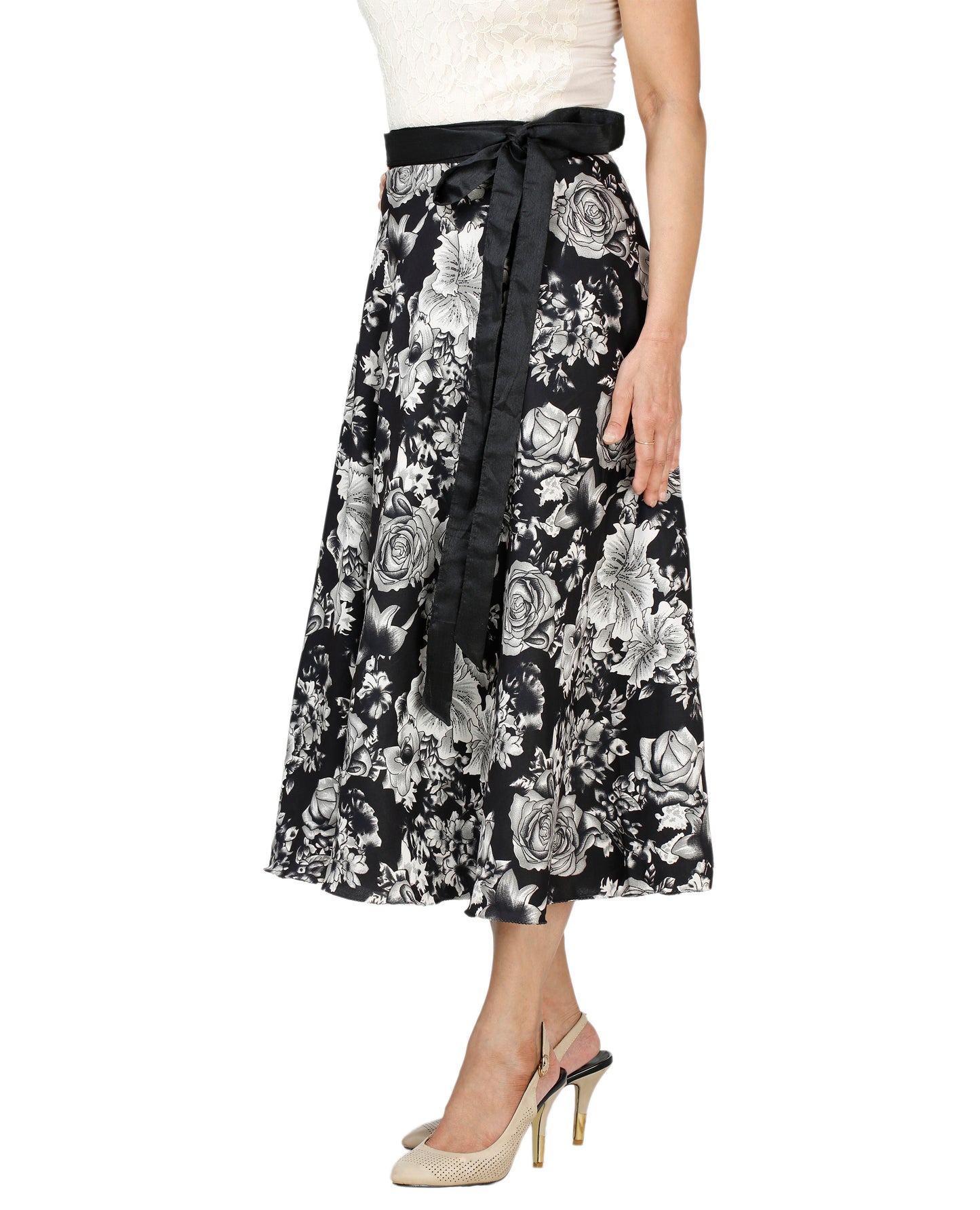 Floral Black Crepe Wrap Skirt Free Size WA000128