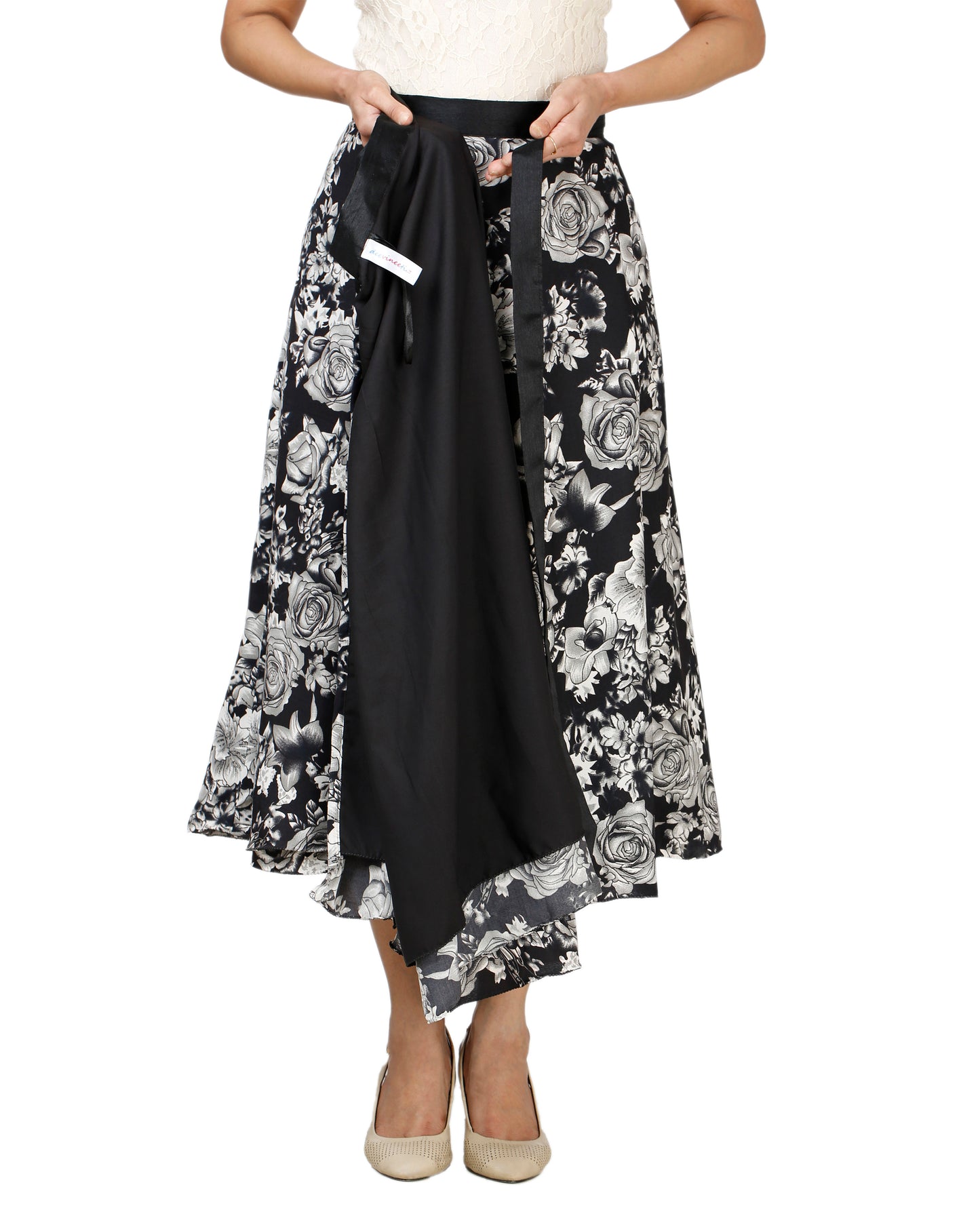 Floral Black Crepe Wrap Skirt Free Size WA000128