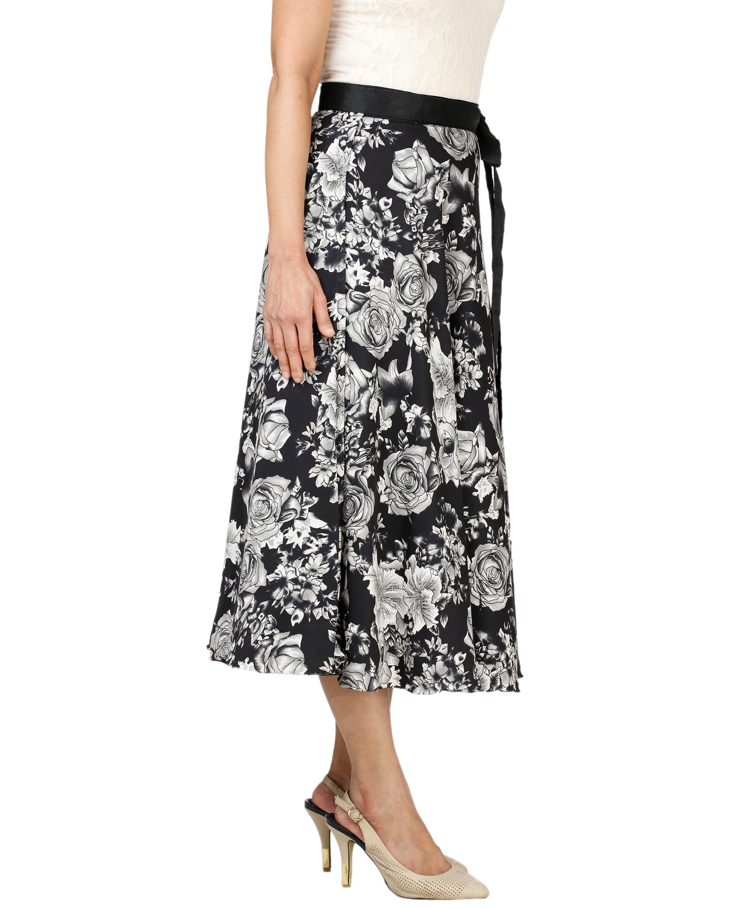 Floral Black Crepe Wrap Skirt Free Size WA000128