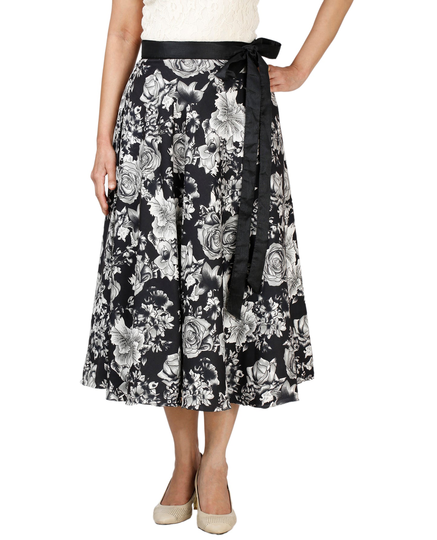 Floral Black Crepe Wrap Skirt Free Size WA000128
