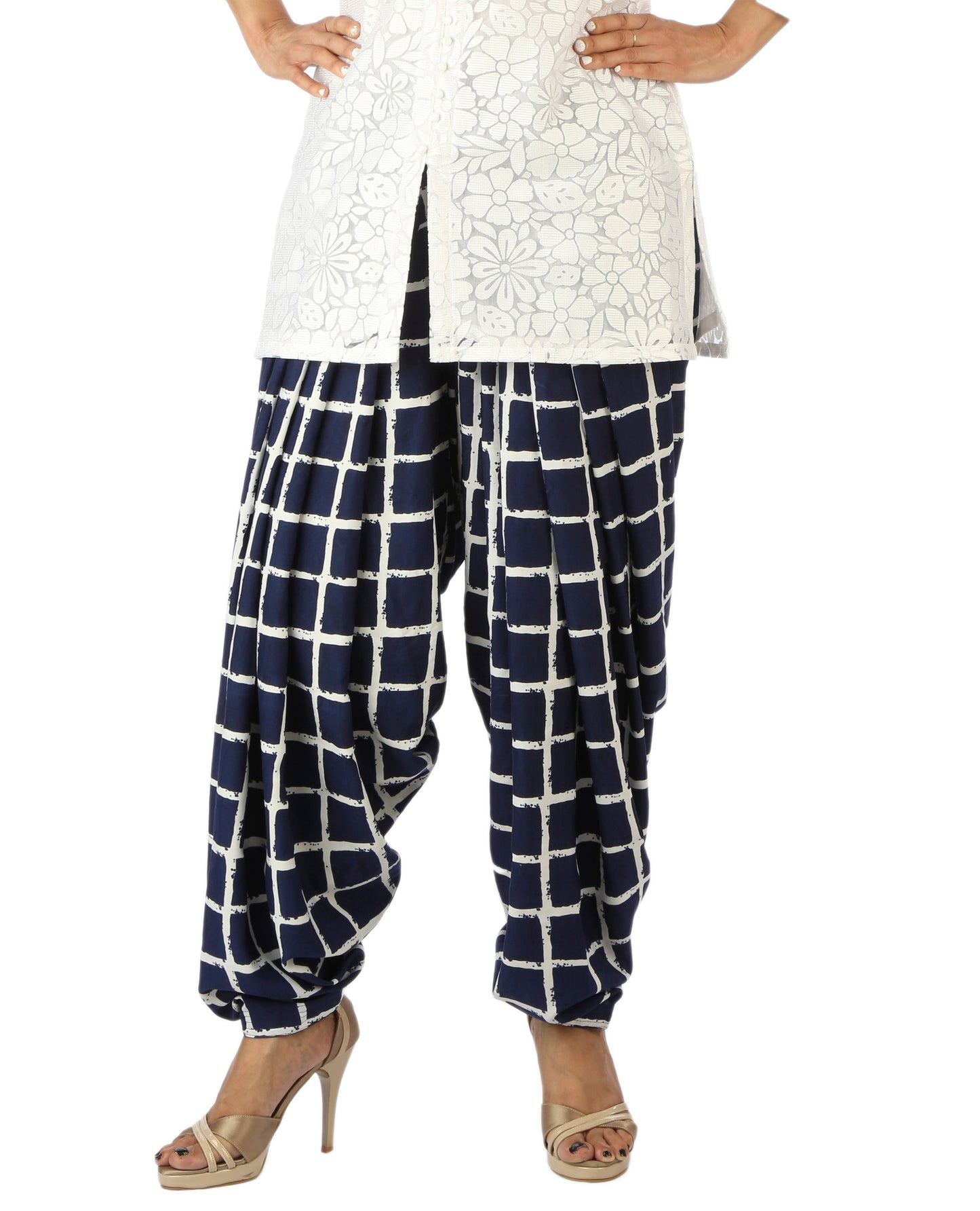 DeeVineeTi Women's Crepe Blue Checkered Print FreeSize Patiala Salwar DVSR0001 Front