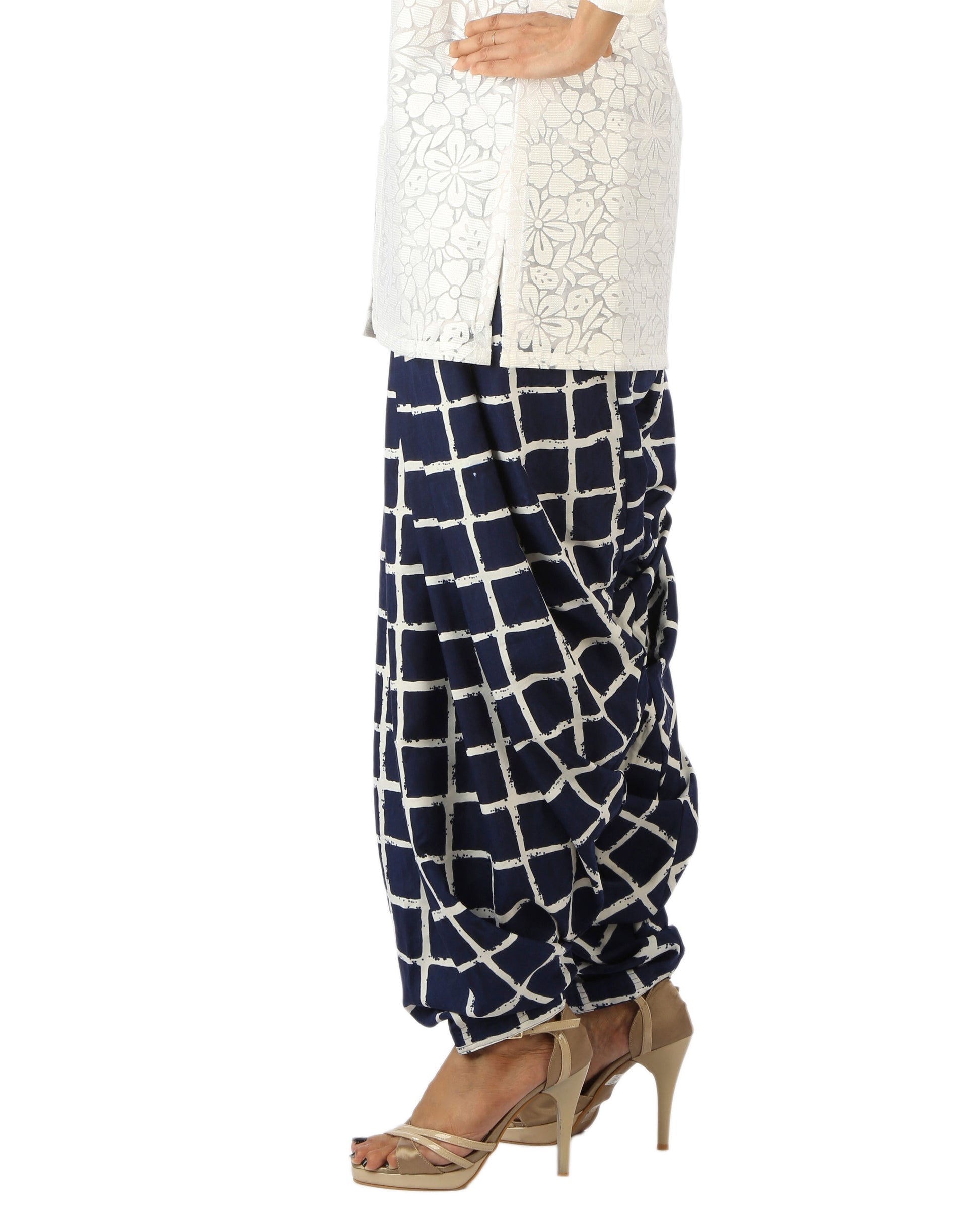 DeeVineeTi Women's Crepe Blue Checkered Print FreeSize Patiala Salwar DVSR0001 Left