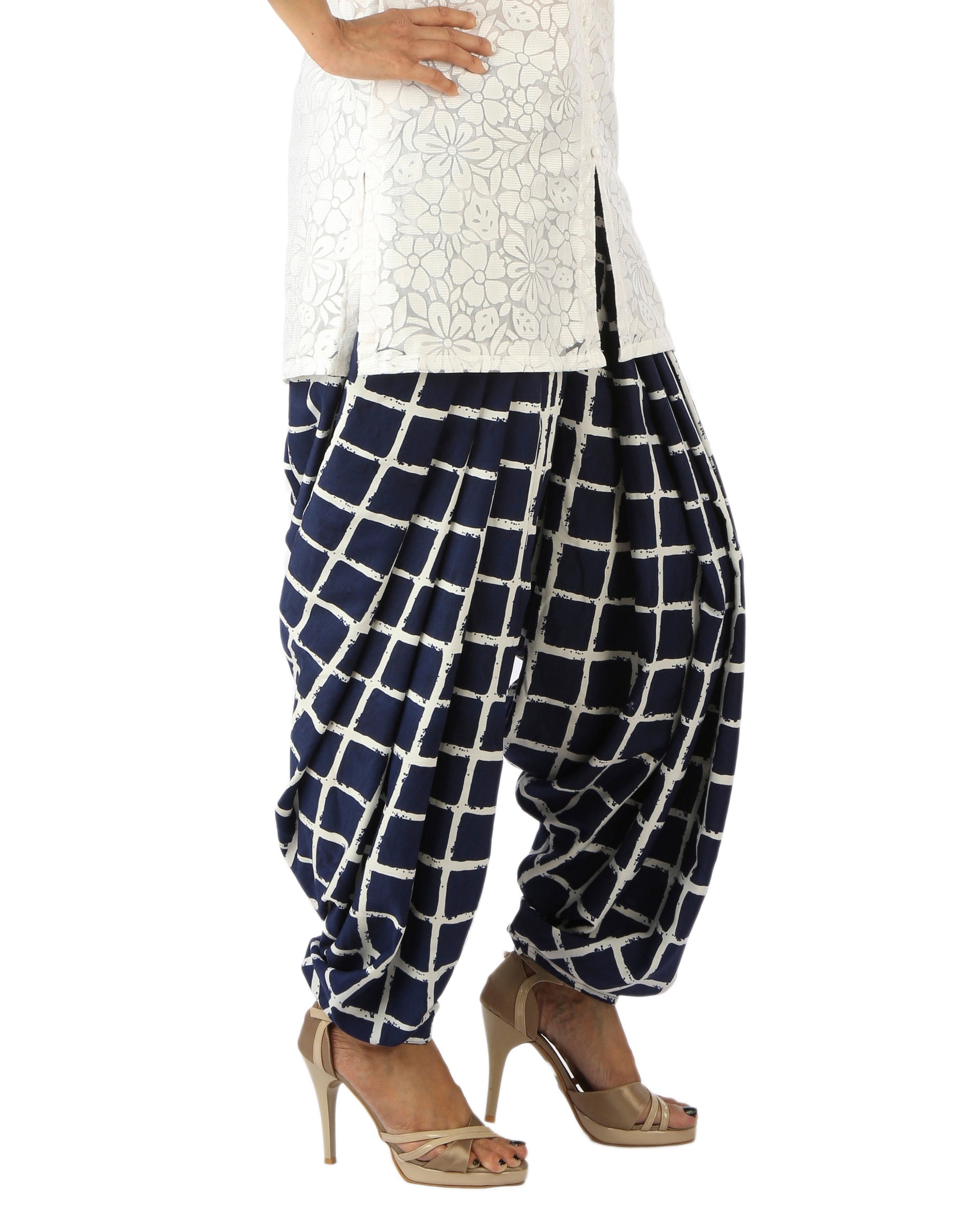 DeeVineeTi Women's Crepe Blue Checkered Print FreeSize Patiala Salwar DVSR0001 Right