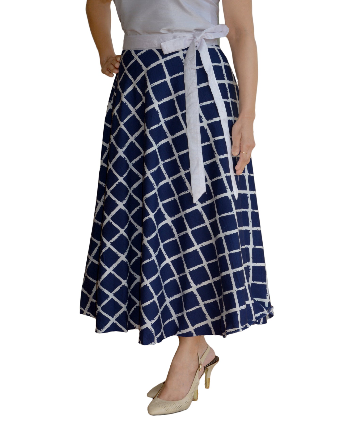 Crepe Blue Checkered Wrap Skirt Free Size WA000125