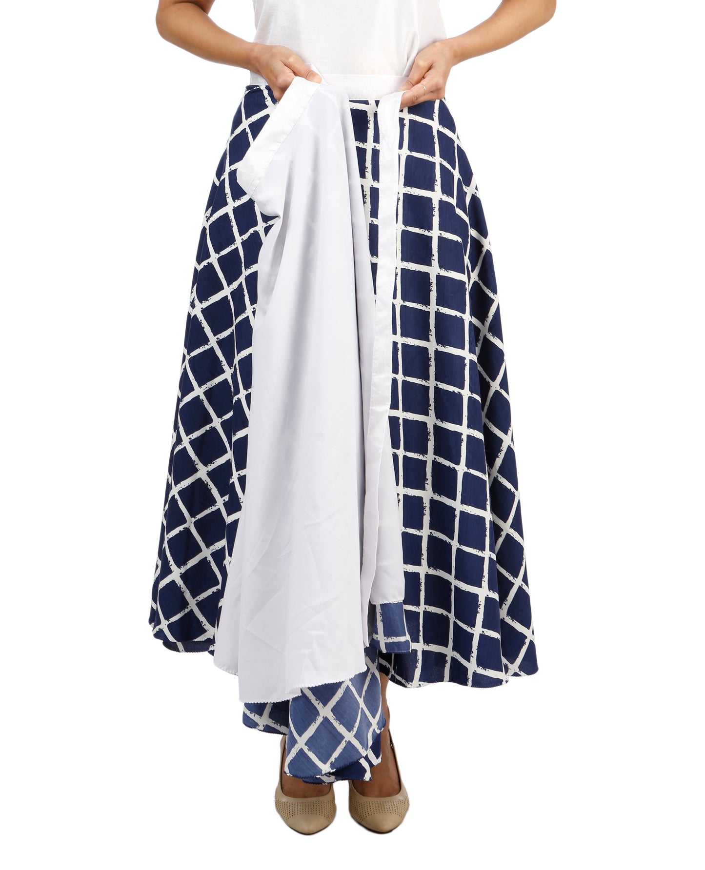 Crepe Blue Checkered Wrap Skirt Free Size WA000125