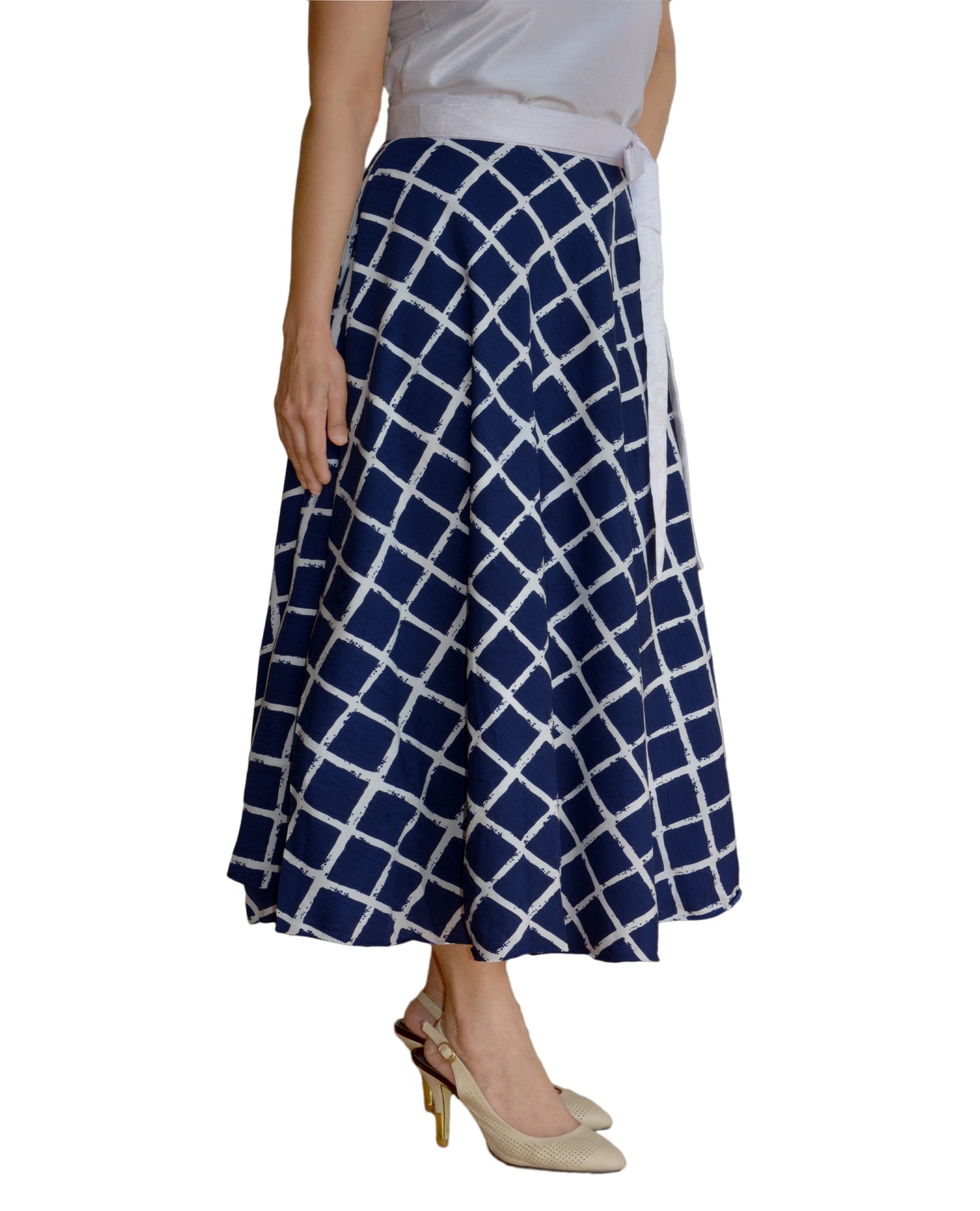 Crepe Blue Checkered Wrap Skirt Free Size WA000125