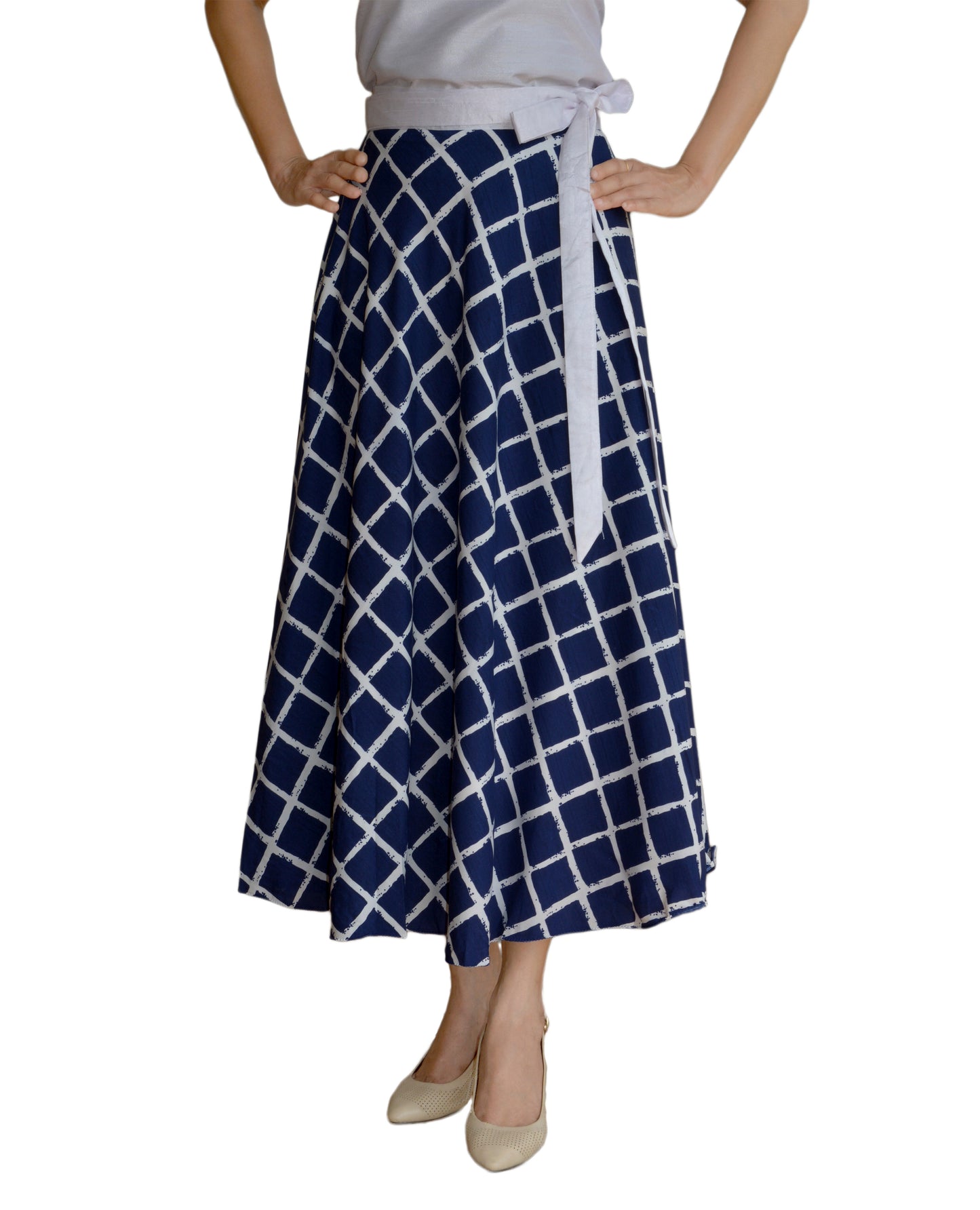 Crepe Blue Checkered Wrap Skirt Free Size WA000125