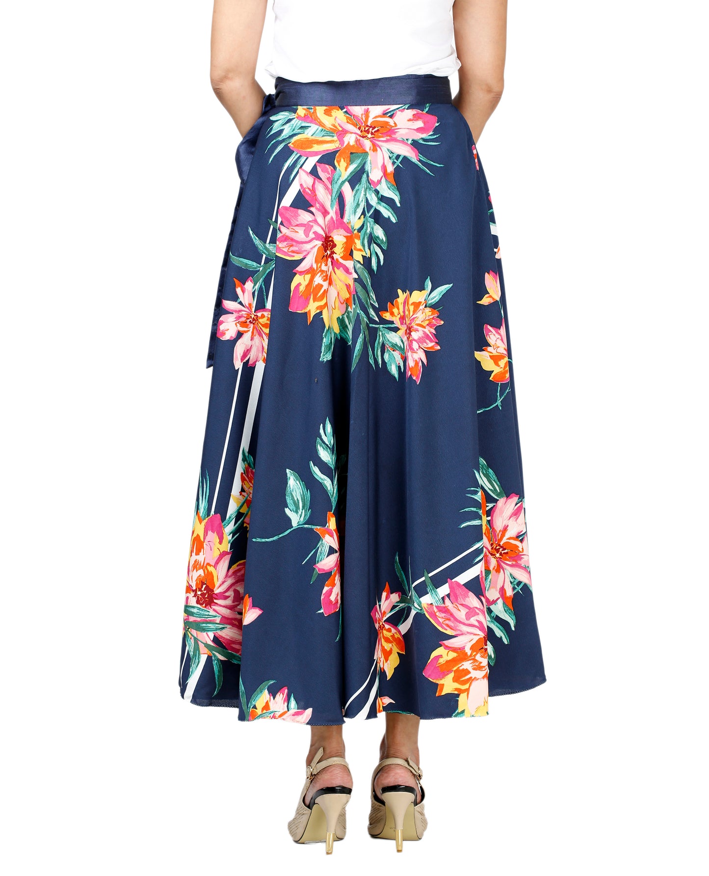 Blue Crepe Floral Wrap Skirt Free Size WA000132
