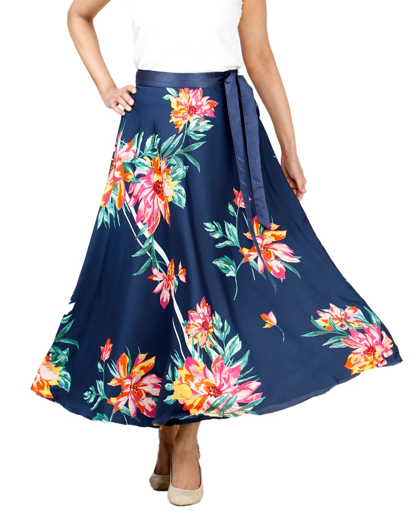 Blue crepe free size wrap skirt with colorful floral pattern worn by a person on a white background WA000132