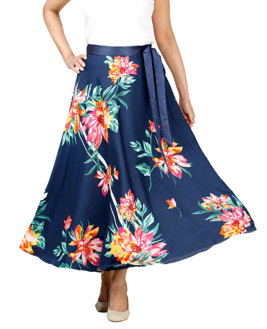 Blue crepe free size wrap skirt with colorful floral pattern worn by a person on a white background WA000132