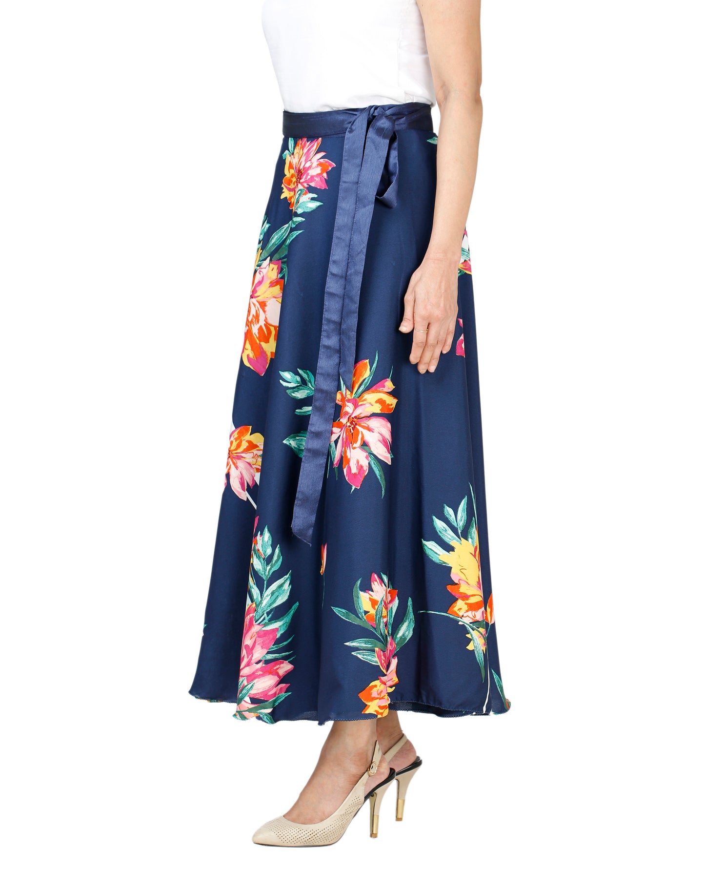 Blue Crepe Floral Wrap Skirt Free Size WA000132