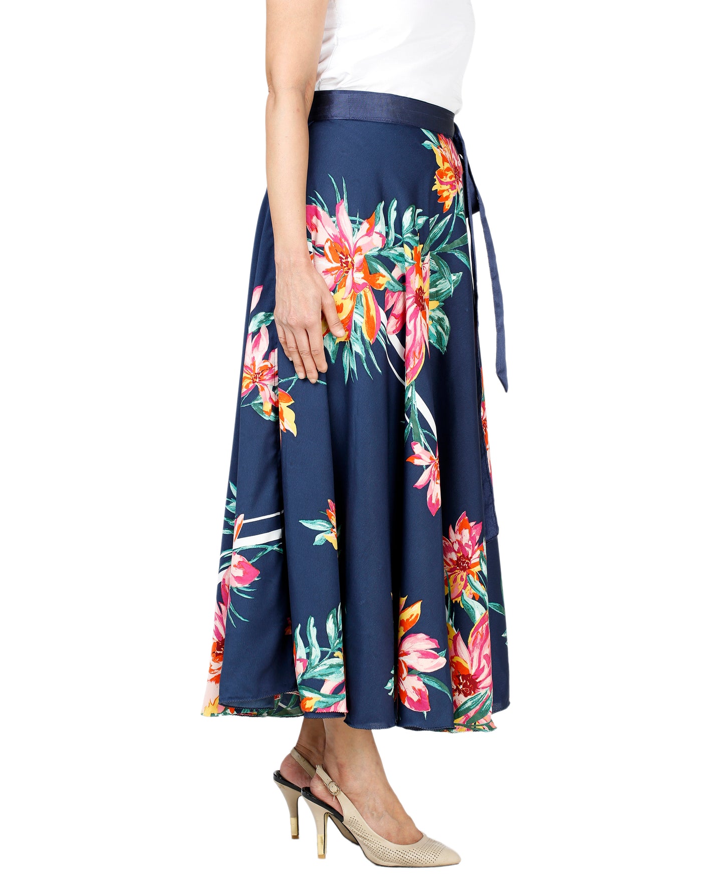 Blue Crepe Floral Wrap Skirt Free Size WA000132