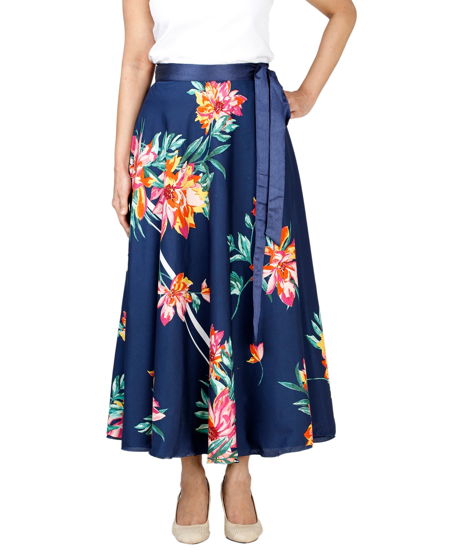Blue Crepe Floral Wrap Skirt Free Size WA000132