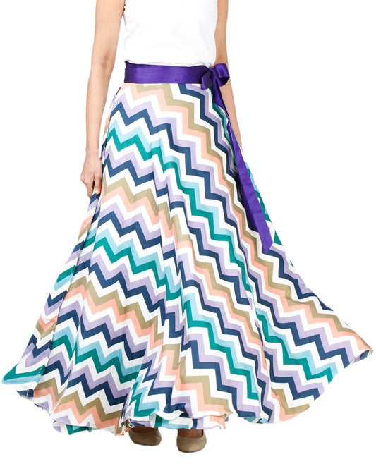 Colorful zigzag patterned free size wrap skirt with a purple belt on a white background WA000136