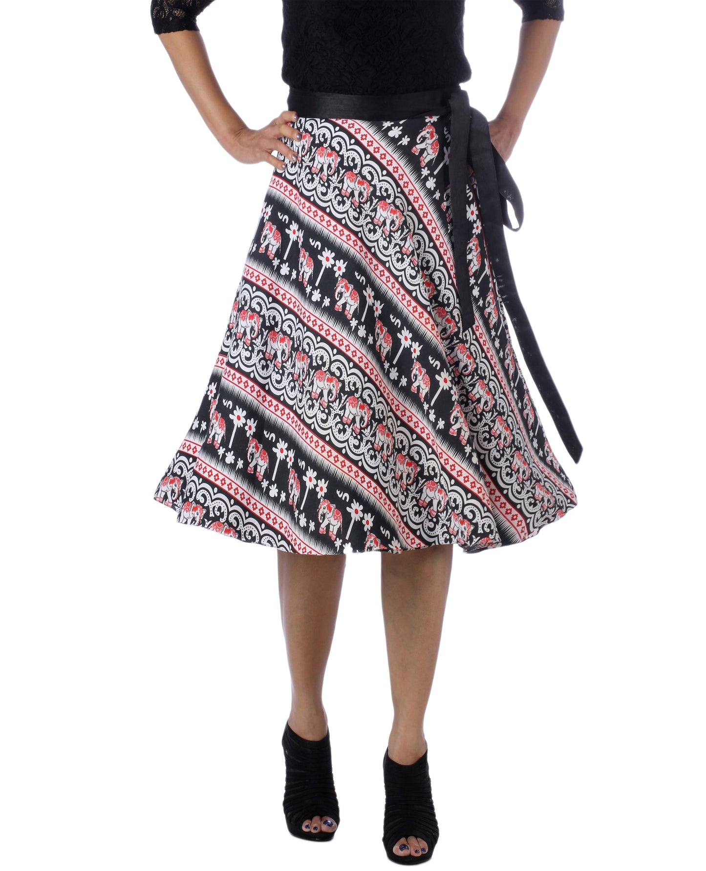 Printed free size wrap skirt worn by a person on a white background WA000177