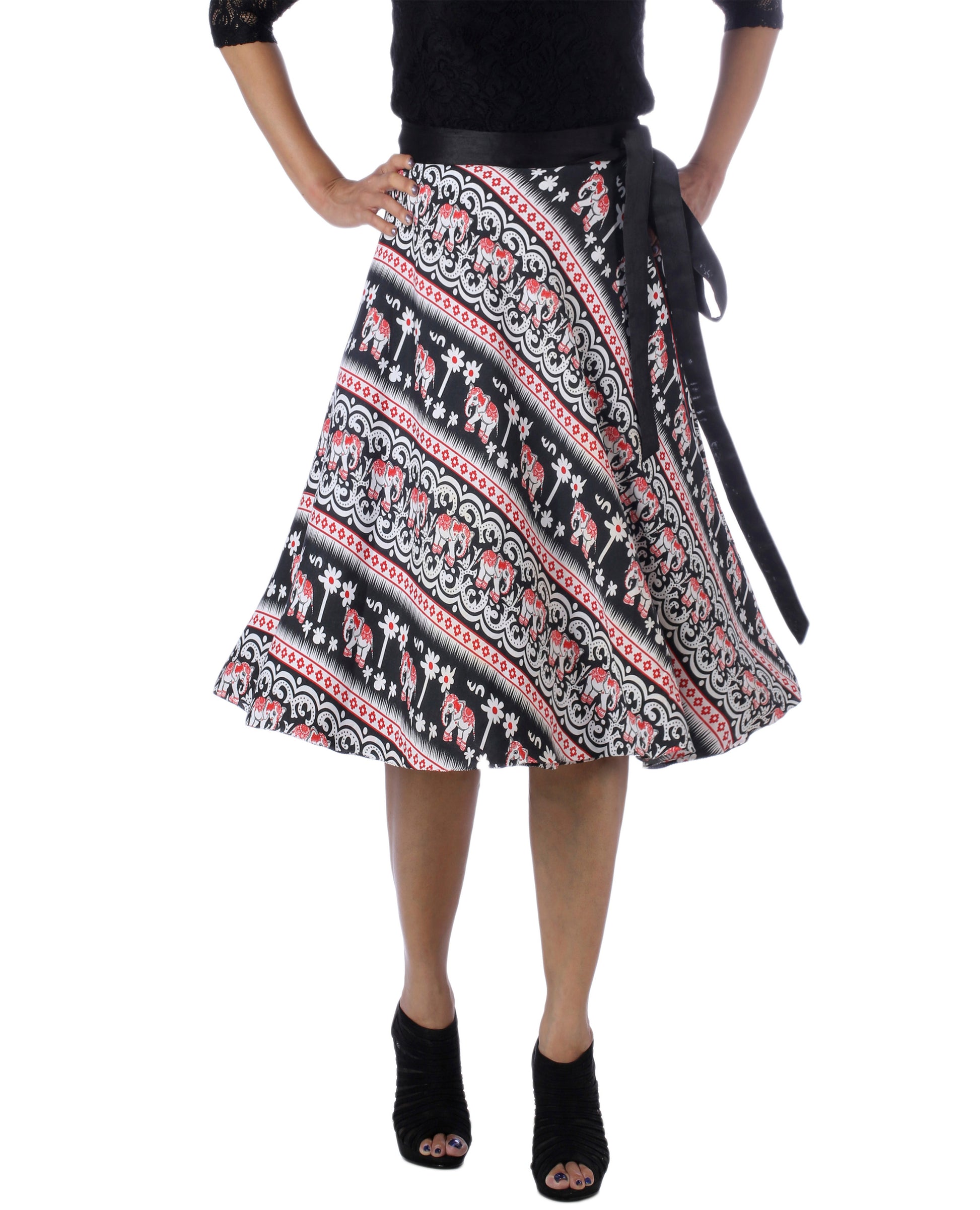 Printed free size wrap skirt worn by a person on a white background WA000177
