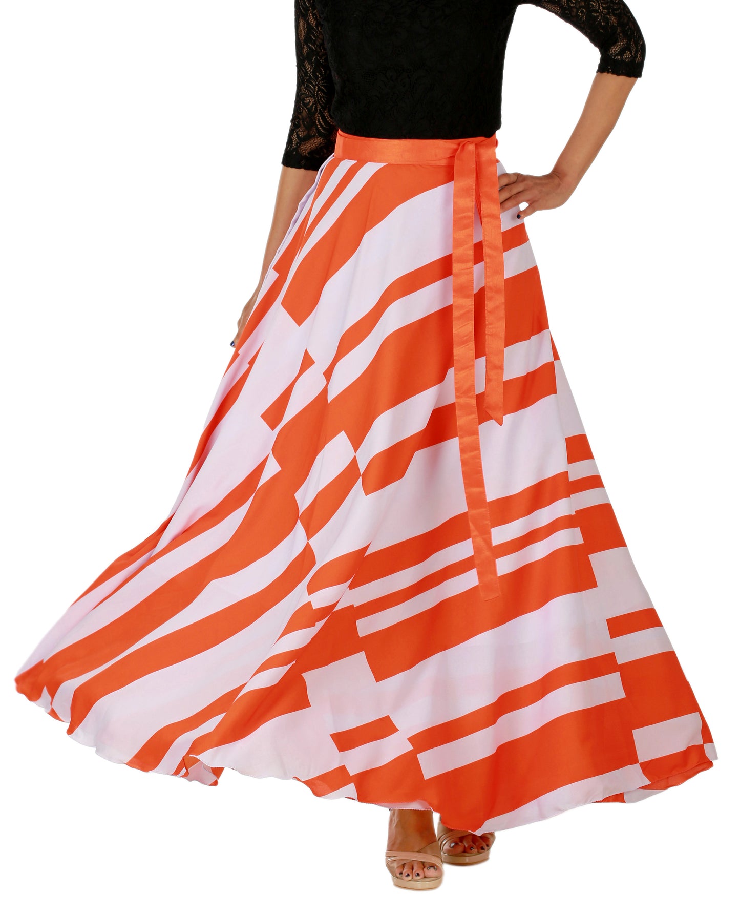 Orange and white striped full circle free size wrap skirt worn by a person on a white background WA000147
