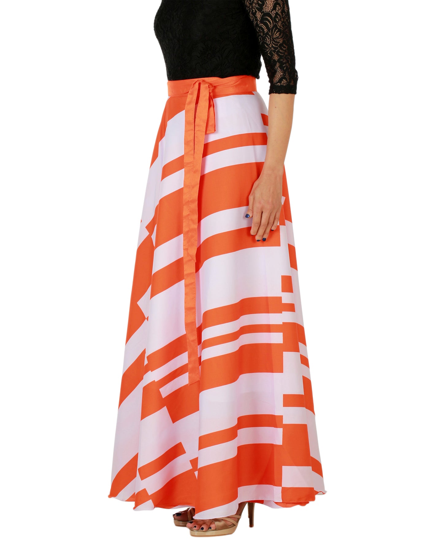 Orange Striped Maxi Wrap Skirt Free Size WA000147