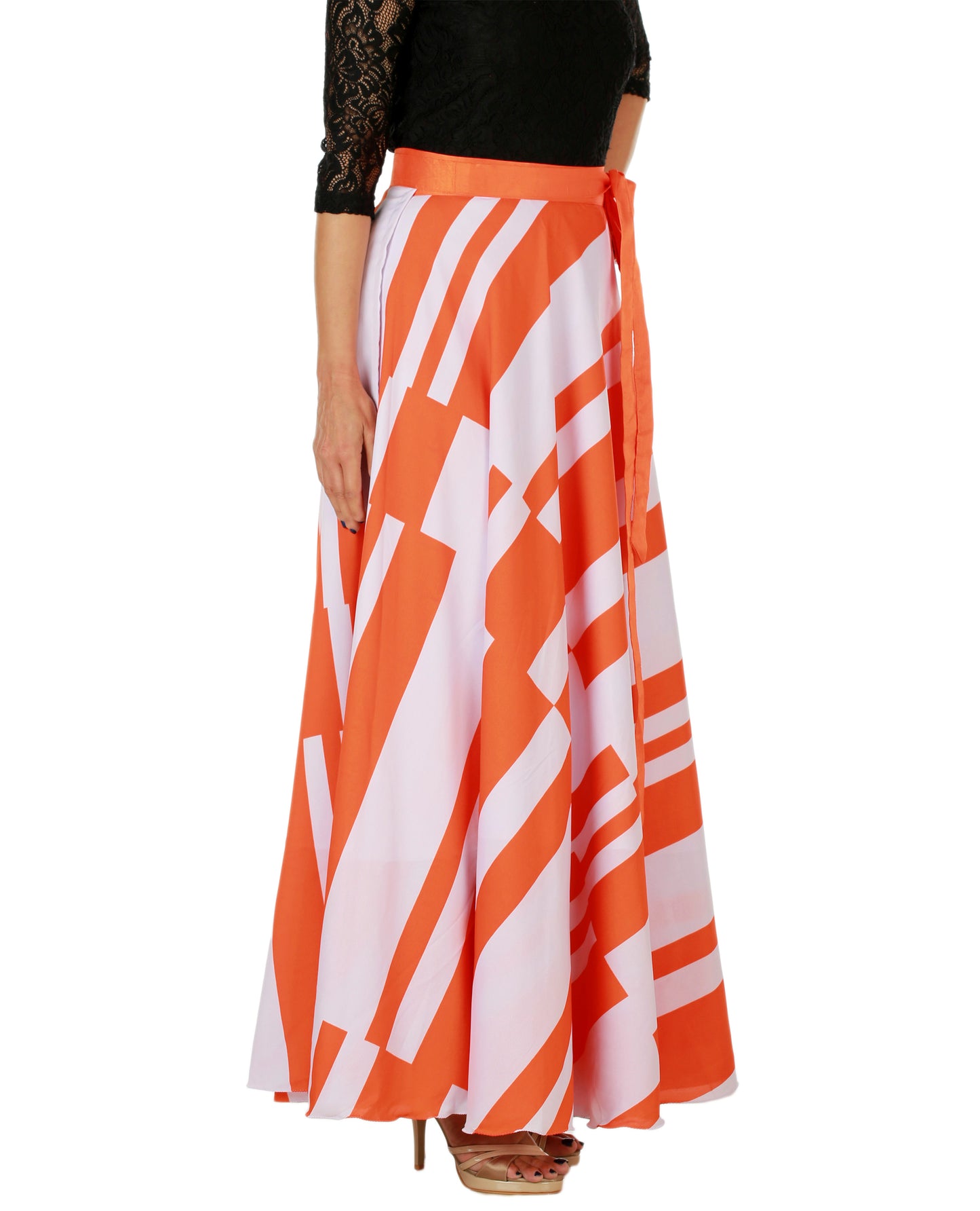 Orange Striped Maxi Wrap Skirt Free Size WA000147