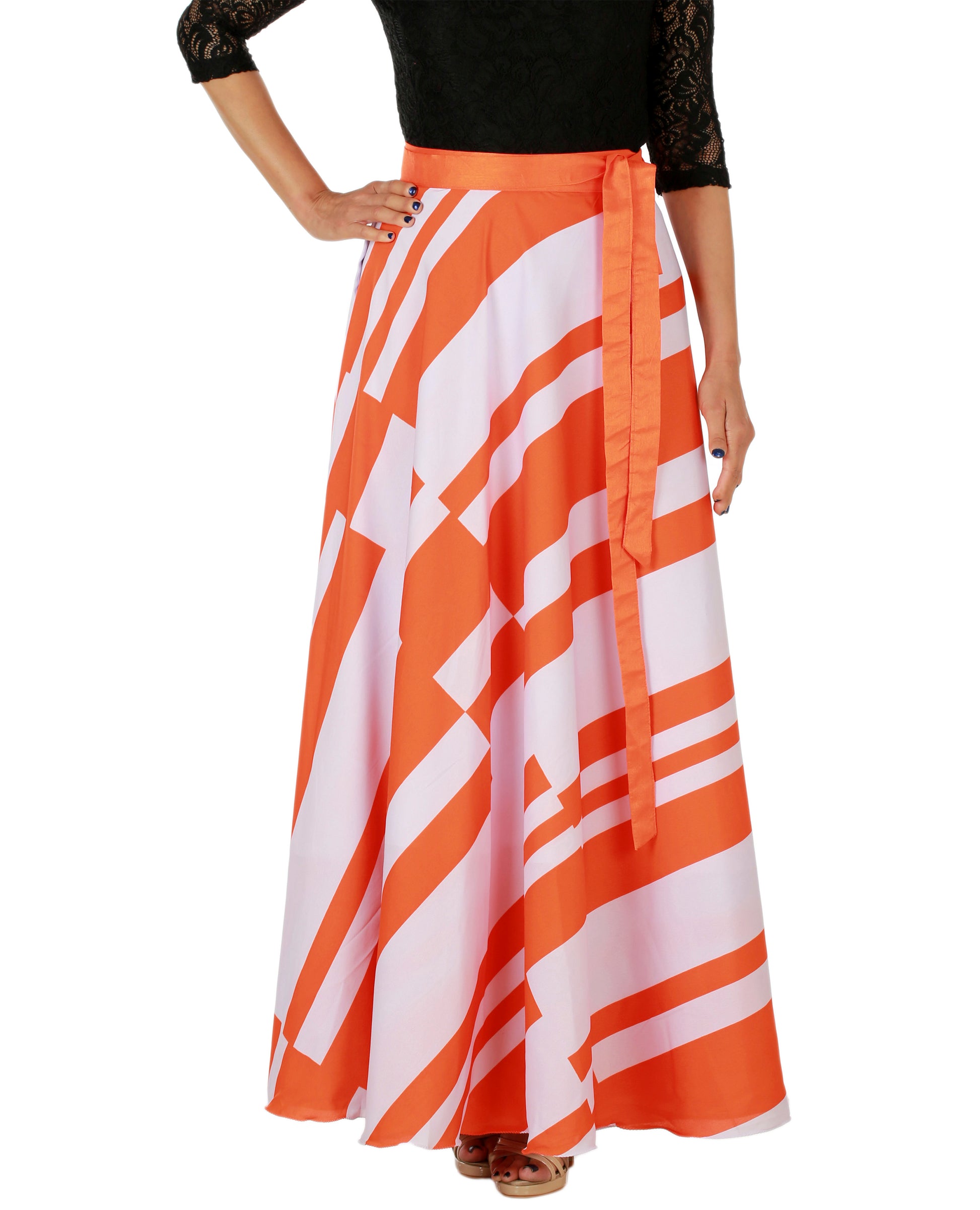 Orange Striped Maxi Wrap Skirt Free Size WA000147